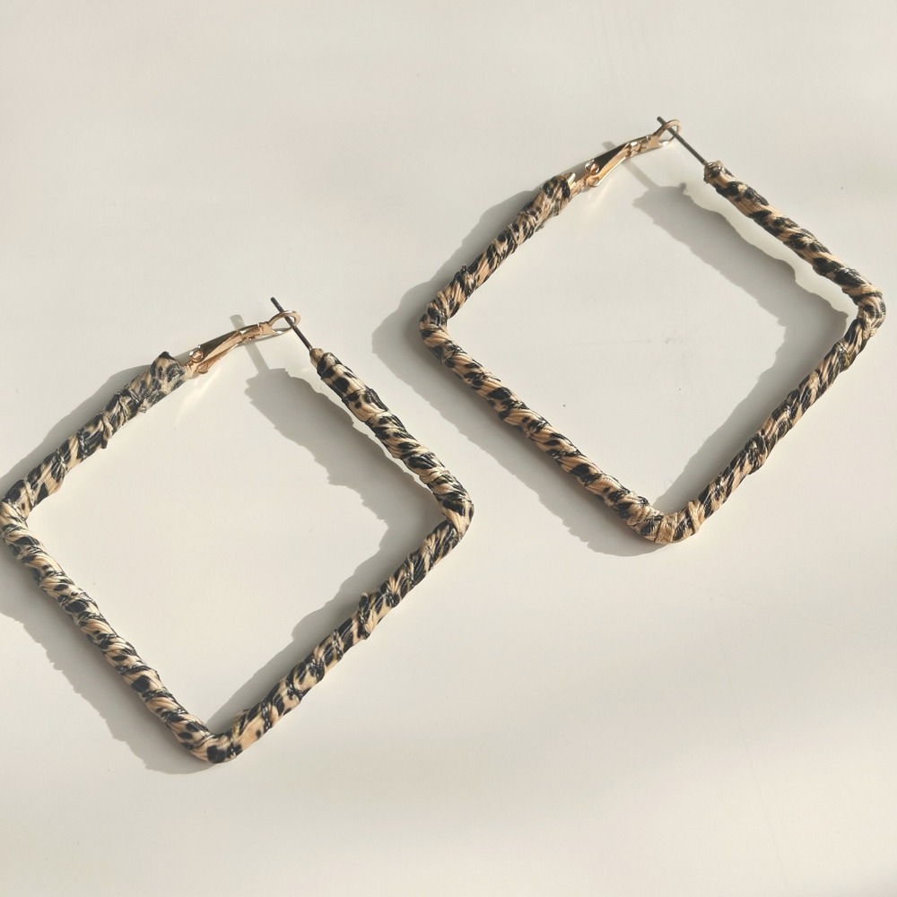 Leopard Print Fabric Wrapped Square Hoop Earrings Gold Tone Oversized Geometric